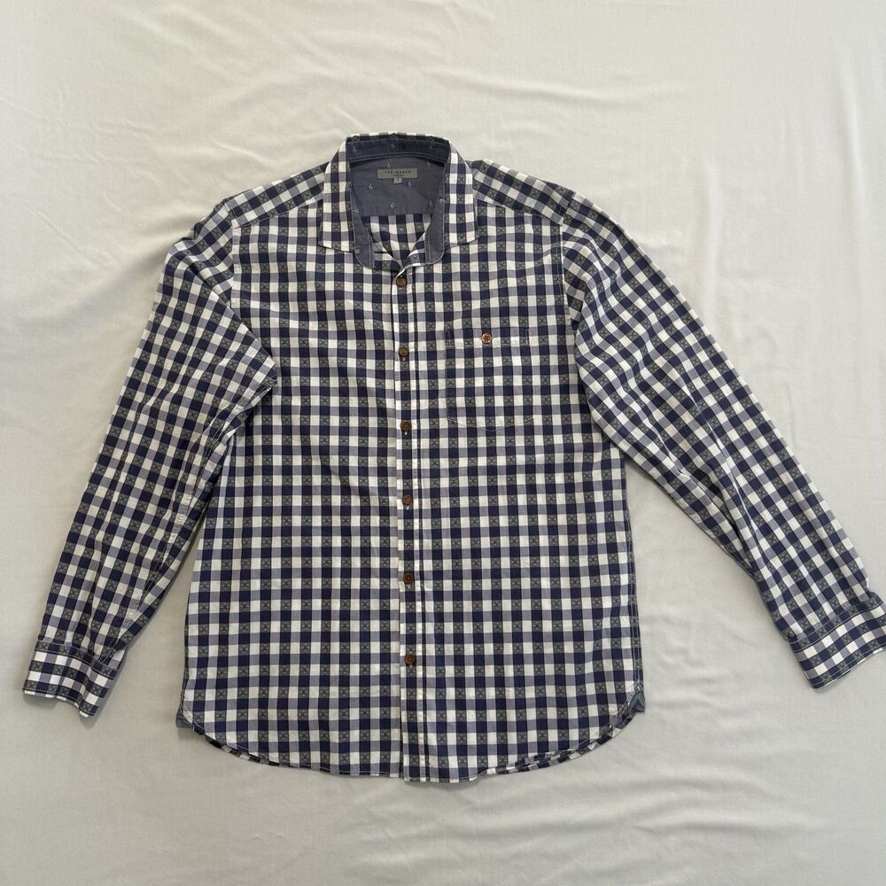 Ted Baker Long Sleeve Mens Size 4 Large Blue and White Checked Dress Shirt